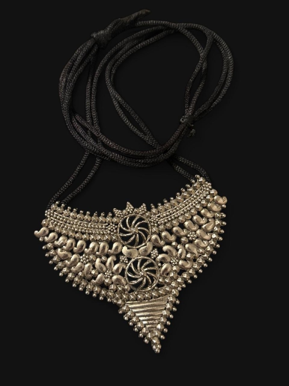 Vintage Silver-Tone Tribal Bib Necklace with Black Cord